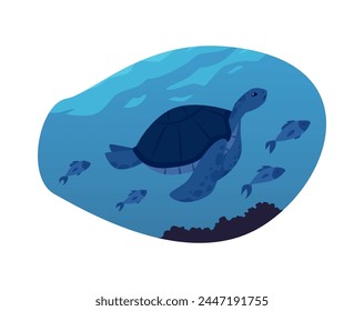 Vector illustration of a turtle swimming next to fish and corals in the depths of the ocean in a cartoon flat style. Images of marine animals are ideal for creating ocean-themed logos.