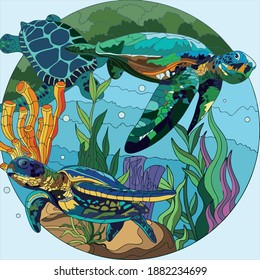 Vector illustration of a turtle swimming in the sea