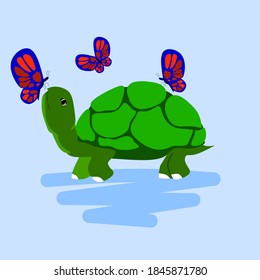 vector illustration of a turtle and three butterflies playing together.