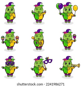 Vector illustration Turtle wearing mardi gras clothes in different poses isolated on white background. A cartoon illustration of a Mardi Gras Turtle. Mardi Gras jester, set.