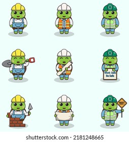 Vector illustration of Turtle worker, builder, laborer cartoon. Cute Turtle engineers workers, builders characters isolated cartoon illustration. Vector illustration on white background