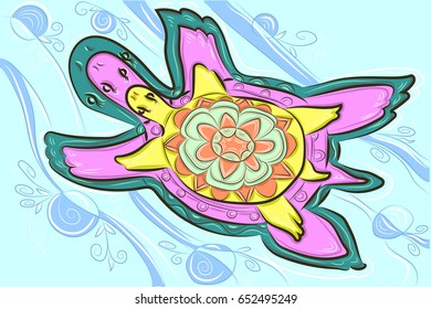Vector illustration of turtles family in the sea on waves