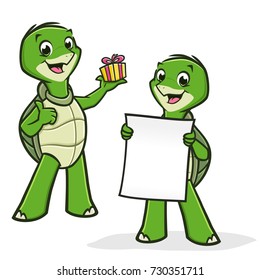 Vector illustration of turtles holding gift and board