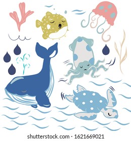 Vector illustration with turtles whales, squids and balloon fish.