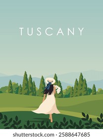 Vector illustration. Tuscany, Italy. Travel poster, banner, postcard. Modern design. Girl in the field. Travel.