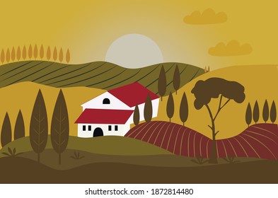 Ilustración vectorial del paisaje toscano para postales, diseño de habitaciones, afiches, folletos, artículos promocionales, impresiones de diseño, tarjetas, textiles, decoración. Plano. EPS10