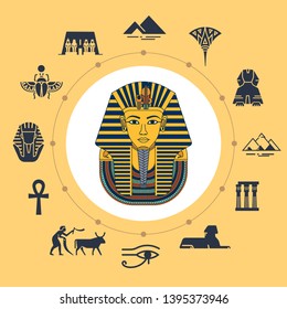 Vector illustration of Tutankhamen masks with various icons of sights and symbols of Egypt isolated on background. Set of icons around illustration drawn in flat style.