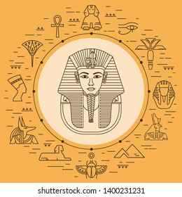 Ilustración vectorial de las máscaras de Tutankhamen con varios íconos de lugares y símbolos de Egipto aislados en el fondo. Conjunto de iconos alrededor de la ilustración dibujada en estilo plano.