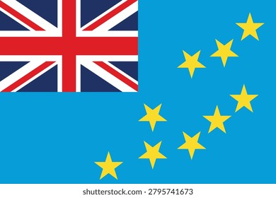Vector illustration of the Tuvalu flag, featuring a Union Jack in the top left corner and nine yellow stars on a light blue background.