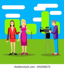 Vector illustration Tv journalist taking interview in front camera