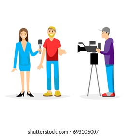 Vector illustration Tv journalist taking interview in front camera