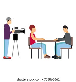 Vector illustration Tv journalist taking interview in front camera