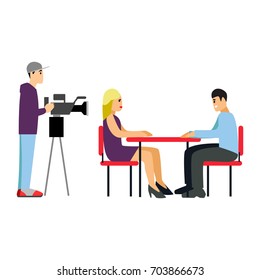 Vector illustration Tv journalist taking interview in front camera