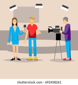 Vector illustration Tv journalist talking in front camera