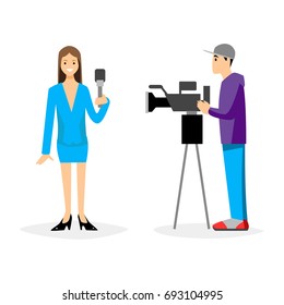 Vector illustration Tv journalist talking in front camera