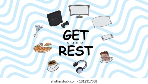 Vector illustration of tv screen, gaming console, pillow, smartphone, chocolate cake, headset, pizza, coffee and cocktail for design that good for promotion comfort technology and stuff for rest