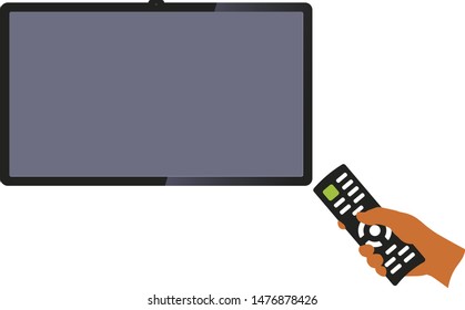 Vector illustration. TV set with remote control in hand. Geometric and isolated.