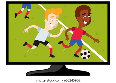 Vector illustration of TV set showing cartoon football match with two players chasing after ball isolated on white background
