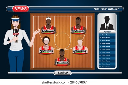 Vector illustration of a TV sport reporter at work. team info charts, Basketball Player Lineup 