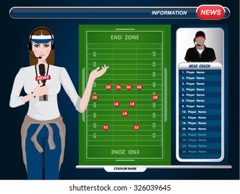 Vector Illustration Of A TV Sport Reporter At Work. Football Playing Field With Strategy Elements.