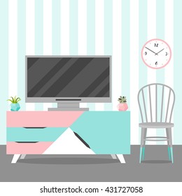 Vector illustration with TV table, chair, clock in flat style. Trendy interior design