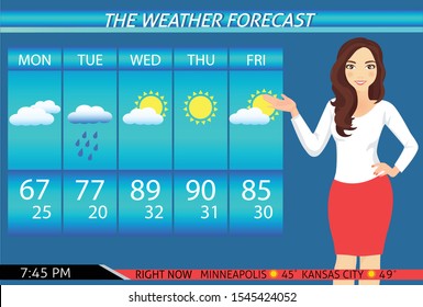 A vector illustration of TV weather news reporter at work