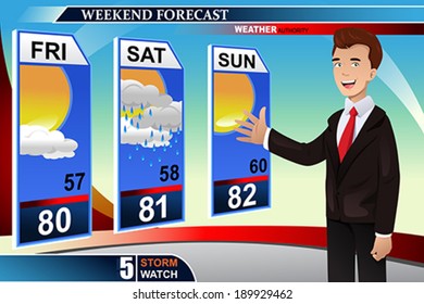 A vector illustration of TV weather news reporter at work