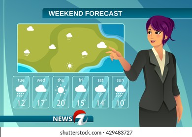 A vector illustration of tv weather news reporter at work