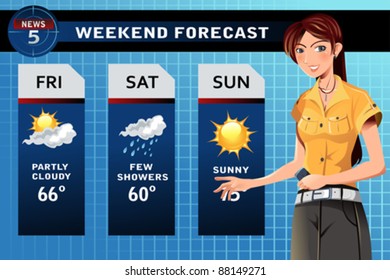 A vector illustration of a TV weather reporter at work