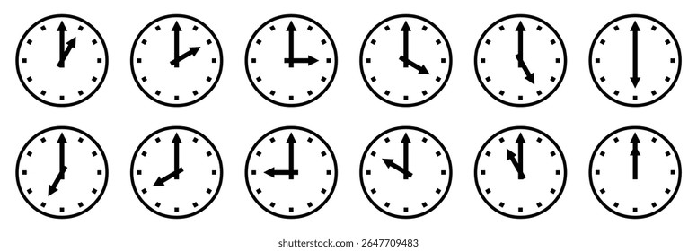 Ilustração vetorial de doze relógios de parede analógicos em contorno preto, cada um mostrando um horário diferente de um a doze horas. Ícone do relógio analógico configurado. 12 variações horárias de tempo, coleção de contorno preto.