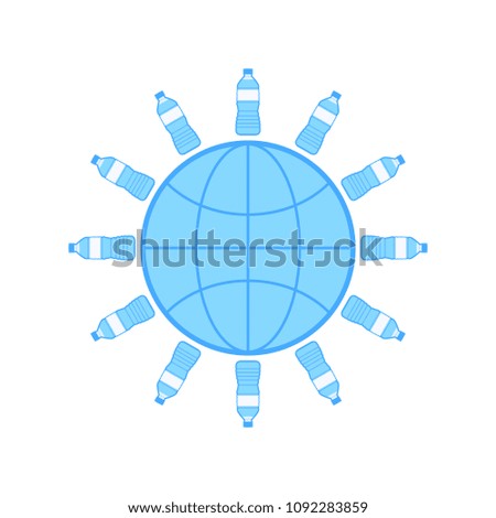 Vector illustration of twelve bottles with label and water around the globe with blue fill. Isolated on white.