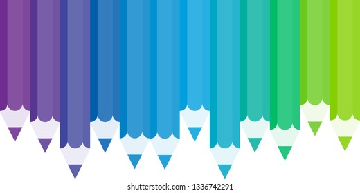 vector illustration of twelve coloured pencils on white background, grade from green to purple
