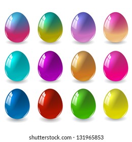Vector illustration of twelve different colored easter eggs on a white background.