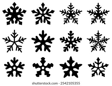 Eine Vektorgrafik von zwölf verschiedenen schwarzen Schneeflocken-Symbolen, perfekt für Winter- und Saisonprojekte.
