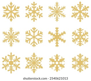 Una Ilustración vectorial de doce elegantes íconos de copo de nieve dorados, perfectos para diseños festivos y festivos.