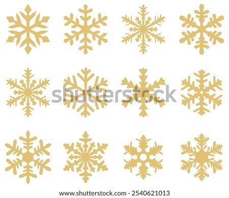A vector illustration of twelve elegant gold snowflake icons, perfect for festive and holiday-themed designs.