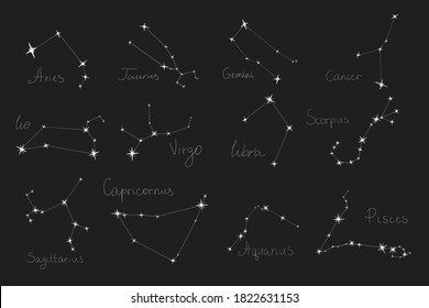 Vector illustration of twelve star constellations with its names such as Aries, Taurus, Gemini, Cancer, Leo, Virgo, Libra, Scorpius, Sagittarius, Capricornus, Aquarius and Pisces on the night sky.