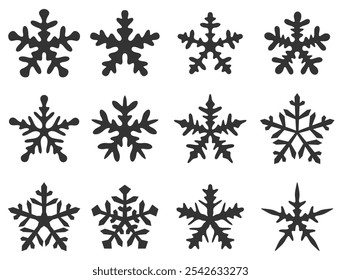 A vector illustration of twelve textured black snowflake icons, ideal for winter and holiday-themed designs.