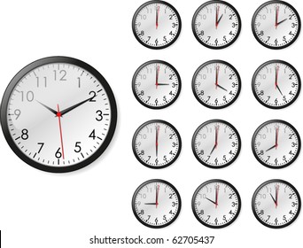 Vector illustration of twelve views of clock with twelve different hours plus one second