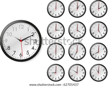 Vector illustration of twelve views of clock with twelve different hours plus one second