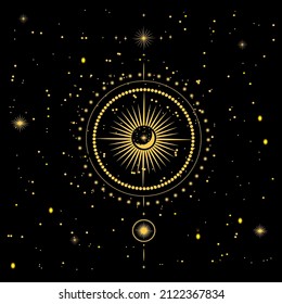 Vector illustration of the twelve zodiac constellations. Horoscope circle, astrology map on the background of the starry night sky in gold color.