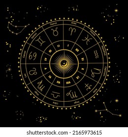 Vektorgrafik der zwölf Zodiakkonstellationen. Horoskop-Kreis, Astrologie-Karte auf dem Hintergrund des Sternenhimmels in goldener Farbe