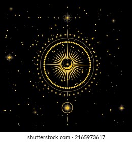 Vector illustration of the twelve zodiac constellations. Horoscope circle, astrology map on the background of the starry night sky in gold color. Astrology, prediction of the future, astrological fore