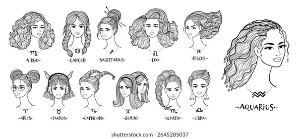 Ilustração vetorial de doze signos do zodíaco como mulheres com penteados simbólicos e elementos. Ilustração isolada de arte em linha.