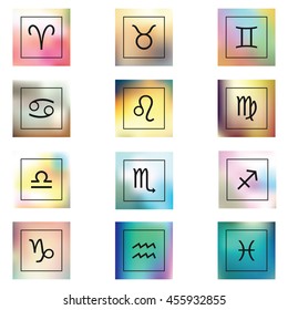 vector illustration / twelve zodiac signs in squares with responding colors on the blurry background  