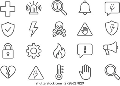 Ilustración vectorial de veinte iconos de seguridad en blanco y negro, incluidos los símbolos de peligro, alerta, emergencia y protección para el diseño