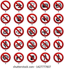 Vector illustration. Twenty five forbidden symbols in shine style.
