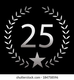 Vector illustration of Twenty -five years, silver, black background