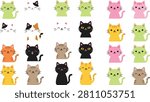 Vector illustration of twenty-five cartoon cats arranged in a five-by-five grid. Features a variety of colors and patterns including green, pink, orange, yellow, black, brown, and calico. Some cats are shown as heads only, while others include full bodies with tails. Perfect for children’s projects, pet-themed designs, educational materials, and playful decorative artwork.