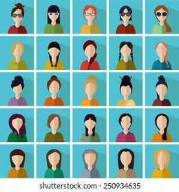 vector illustration of twenty-five different icons in the form of women